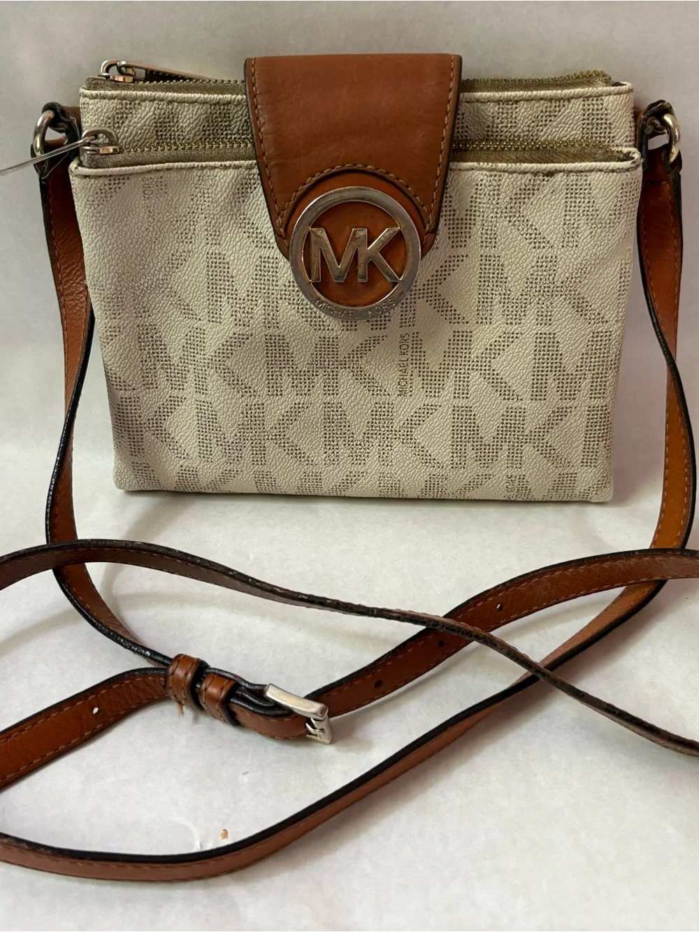 Michael Kors Beige & Brown Leather MK Crossbody purse